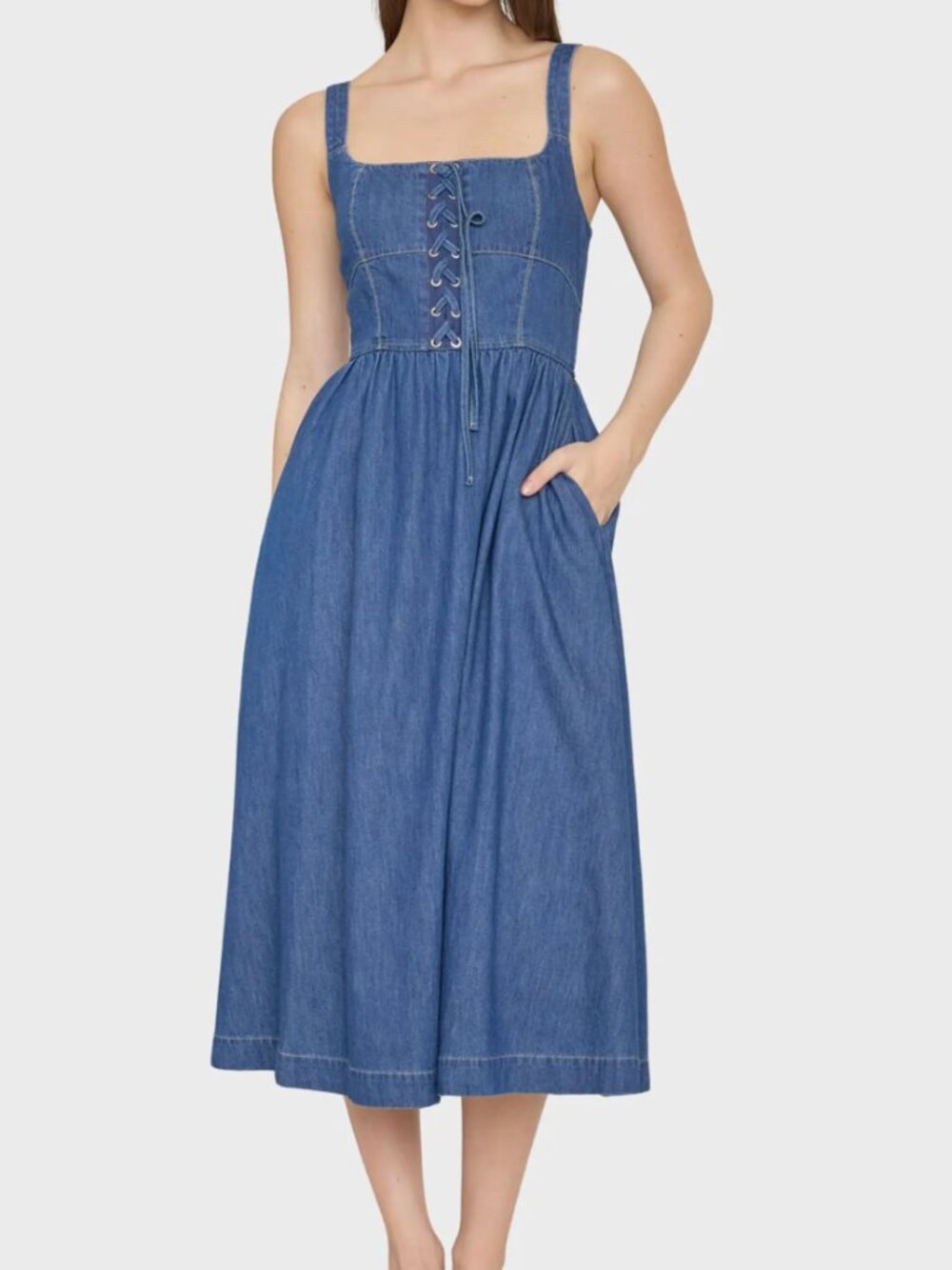 Blu Pepper Sleeveless Lace-Up Denim Midi Dress